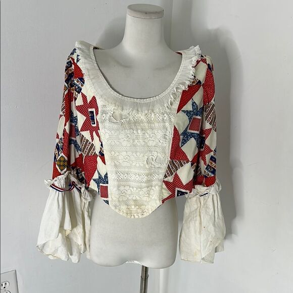 Vintage 60s Boned Patchwork Bell Sleeve Bodice As Is - Picture 1 of 9